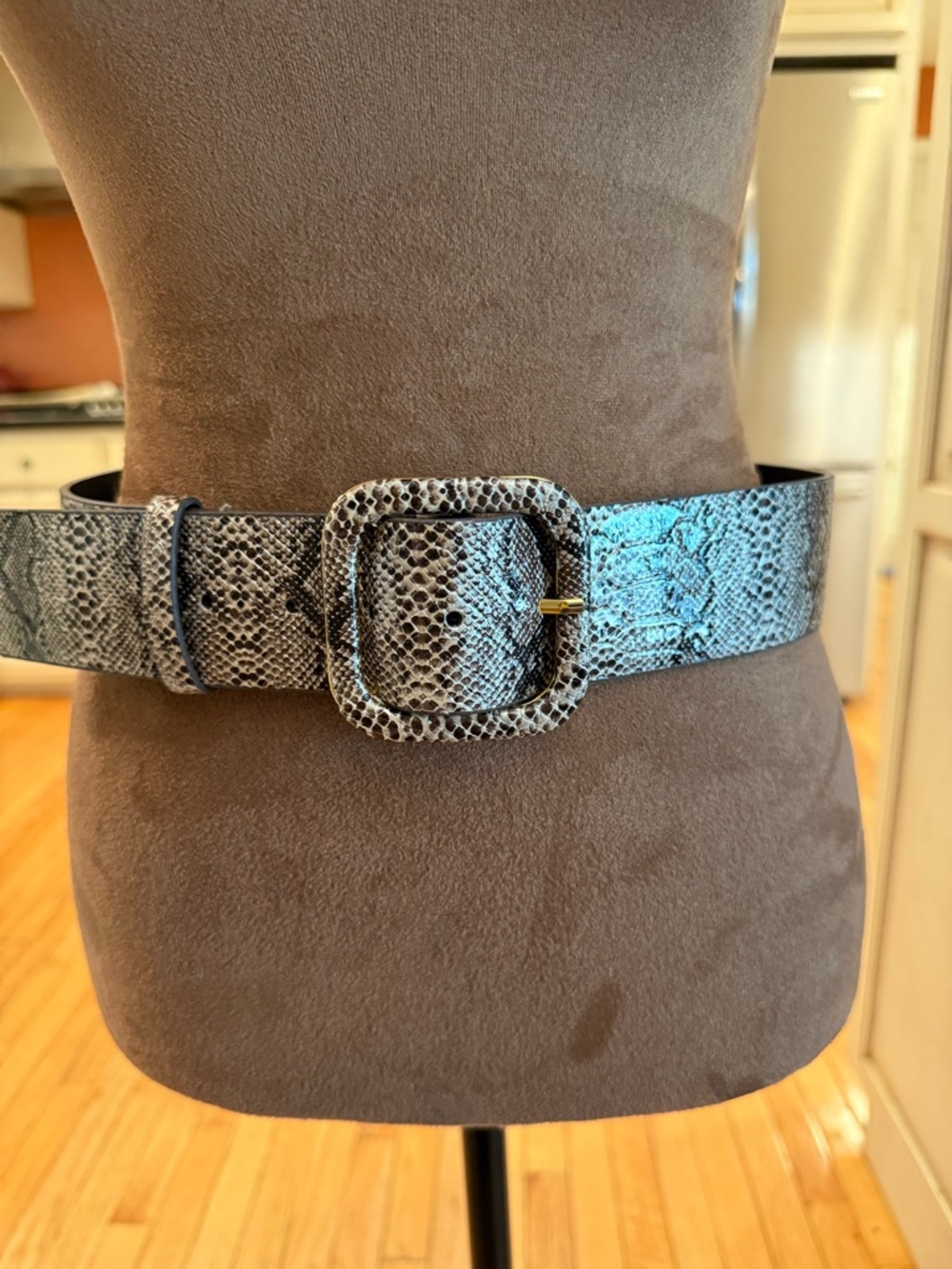 Snake Print Wide Belt with Statement Buckle - Neutral Tones